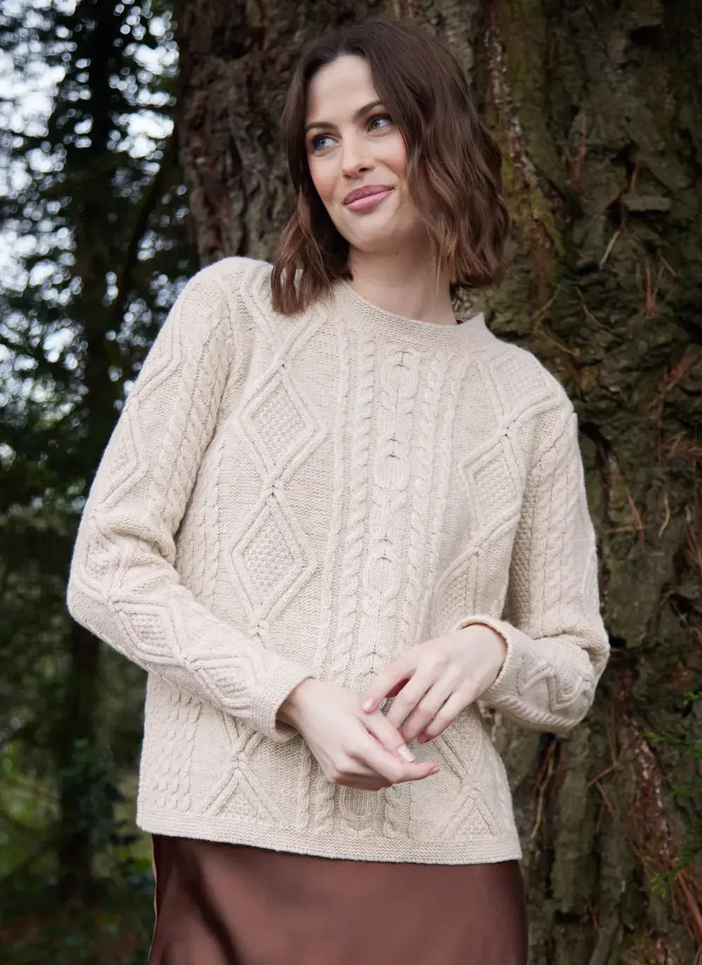 Emily Geelong Lambswool Aran Crew Neck Sweater in Linen